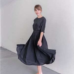 Black Crane Pleated Dress in Charcoal | Small
